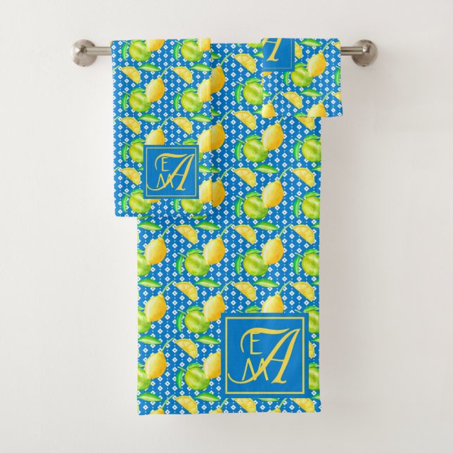 Lemon Tree Ocean Blue MONOGRAM Newlyweds Wedding Badhandtuch Set (Insitu)