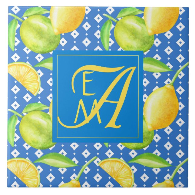 Lemon Tree Ocean Blue MONOGRAM Newlyweds Wedding Fliese (Vorderseite)