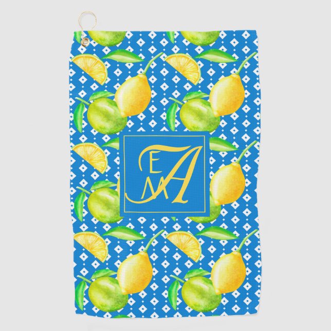 Lemon Tree Ocean Blue MONOGRAM Newlyweds Wedding Golfhandtuch (Vorderseite)