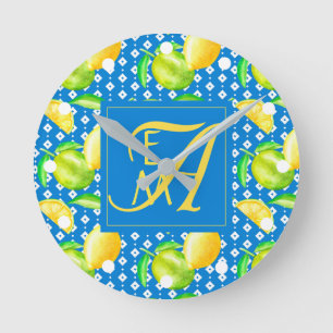 Lemon Tree Ocean Blue MONOGRAM Newlyweds Wedding Runde Wanduhr