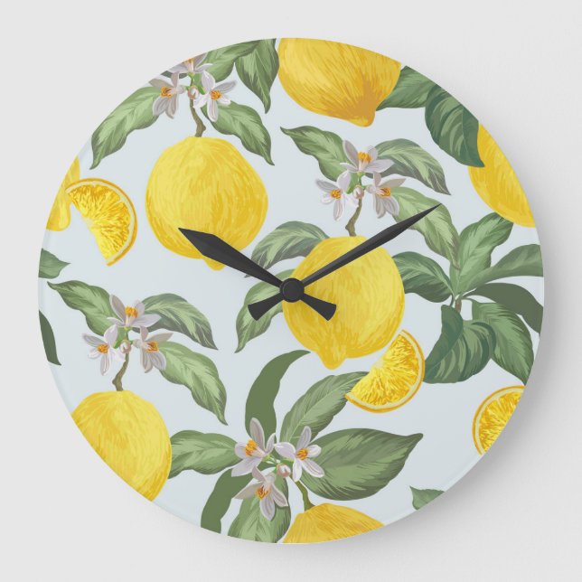Lemon Tropical Frucht Vintages Muster Große Wanduhr (Vorderseite)