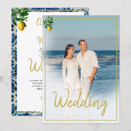 Lemon Tuscan Tile Blue White Foto Wedding Einladung