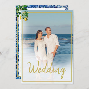 Lemon Tuscan Tile Blue White Foto Wedding Einladung