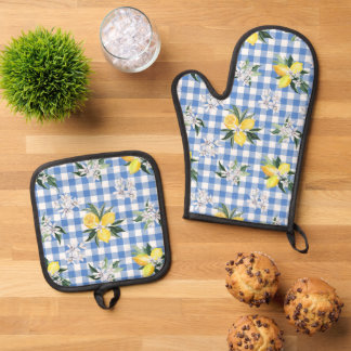 Lemon und Blue Gingham Kitchen Essentials Ofenhandschuh & Topflappen-Set