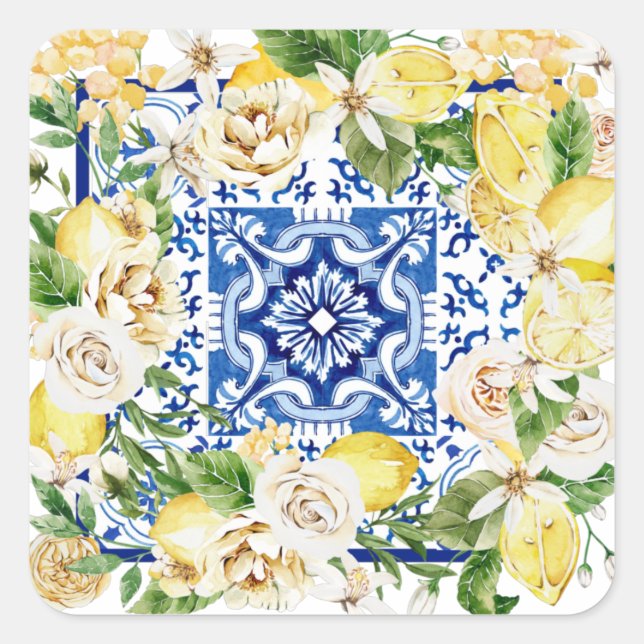 Lemon und Blume im Sommer im Mittelmeer Quadratischer Aufkleber (Vorderseite)