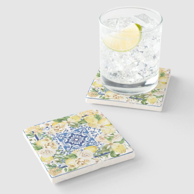 Lemon und Blume im Sommer im Mittelmeer Steinuntersetzer (Seitenansicht)