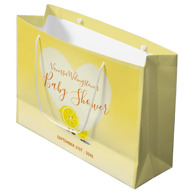Lemon und Lemon Slice Baby Dusche Herz Gelb Große Geschenktüte (Vorderseite Schrägansicht)