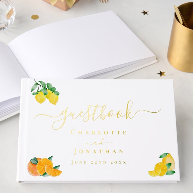 Lemon und Orange French Citrus Wedding Gold Foil Gästebuch (Lemon and orange boho citrus wedding gold foil guest book )