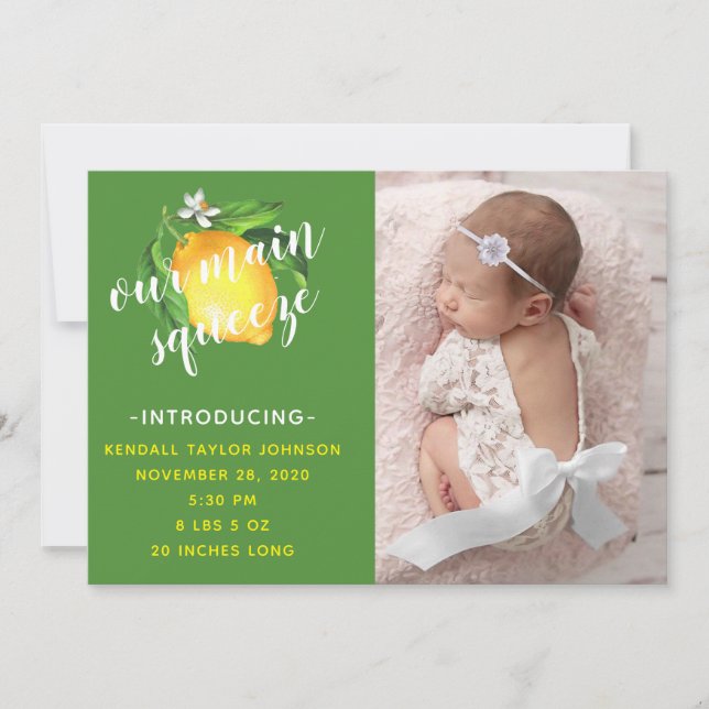 Lemon unser Haupt Squeeze Foto Birth Ankündigung (Vorderseite)