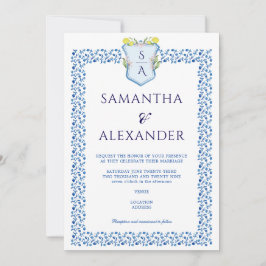 Lemon Wappen Blue Mediteranean Tiles Wedding Einladung