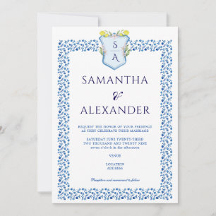 Lemon Wappen Blue Mediteranean Tiles Wedding Einladung