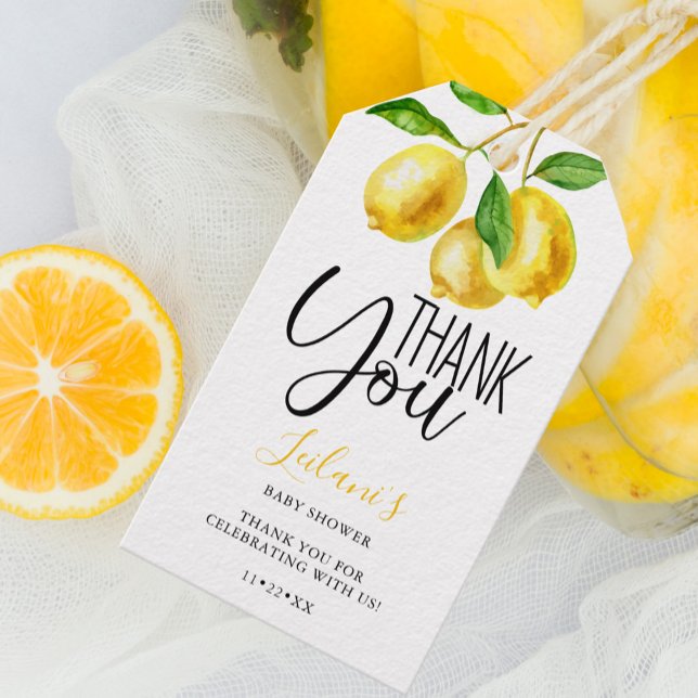 Lemon Watercolor Babydusche Danke Geschenkanhänger (Lemon watercolor baby shower thank you gift tag perfect for that summer citrus fruit shower.)