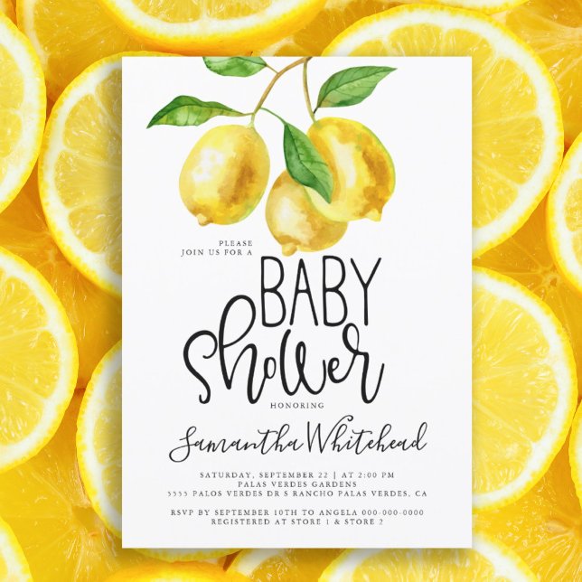Lemon Watercolor Babydusche Einladung (Lemon Drop Watercolor baby shower summer citrus invitation. Elegant typography on fruit invite.)