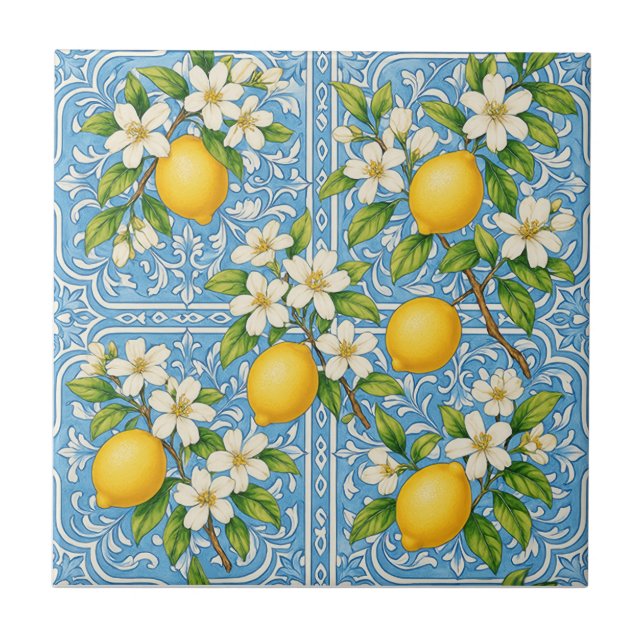 Lemon Watercolor Blue Mediterranean Pattern Fliese (Vorderseite)