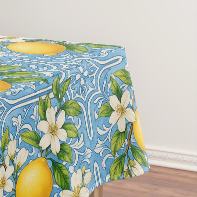Lemon Watercolor Blue Mediterranean Tile Pattern Tischdecke (Beispiel)