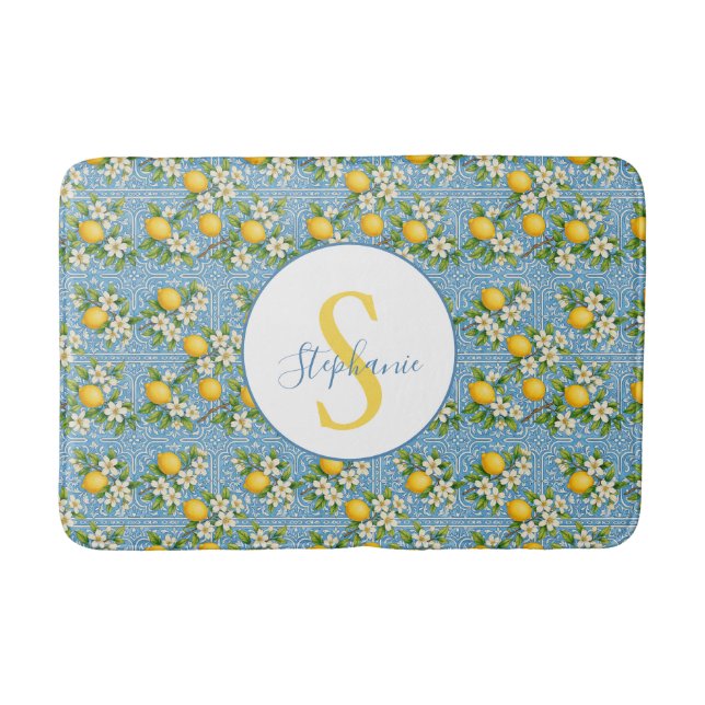 Lemon Watercolor Blue Tile Pattern Personalized Badematte (Vorderseite)
