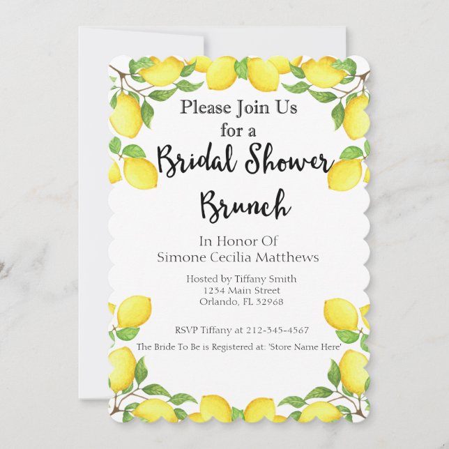 Lemon Watercolor Brautparty Brunch Einladung (Vorderseite)