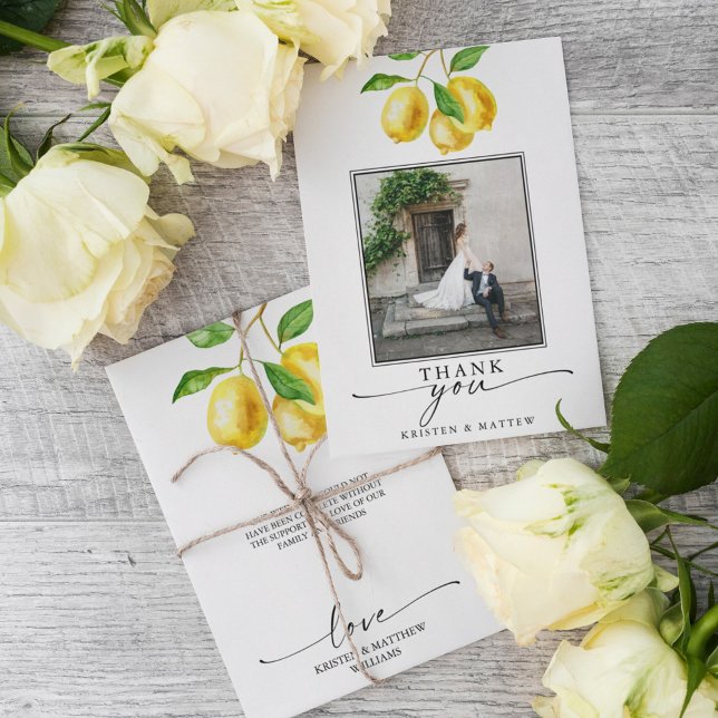 Lemon Watercolor Citrus Wedding Foto Dankeskarte (Show your gratitude in style with our lemon-themed wedding thank you cards.)
