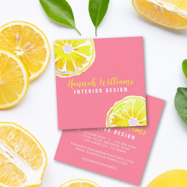 Lemon Watercolor Pink Modern Quadratische Visitenkarte (Von Creator hochgeladen)
