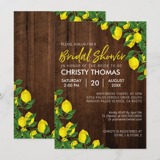 Lemon Watercolor Rustic Wood Brautparty Einladung (Vorne/Hinten)