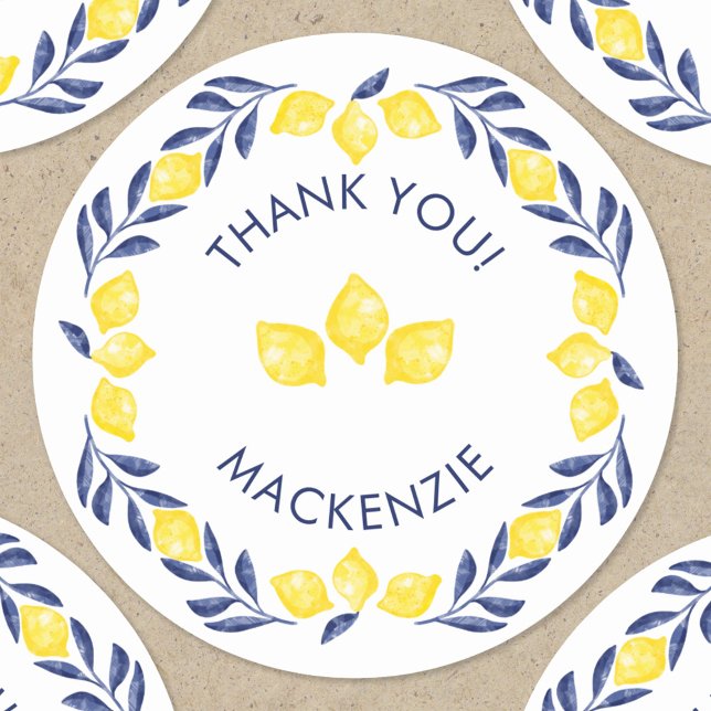 Lemon Watercolor Vielen Dank Personalisiert Runder Aufkleber (Lemon citrus watercolor yellow blue and white personalized name thank you sticker)