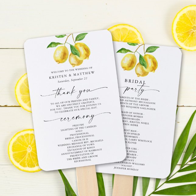 Lemon Watercolor Wedding Program Fächer (Squeeze the day! Cool off with this lemon-themed wedding program fan.)