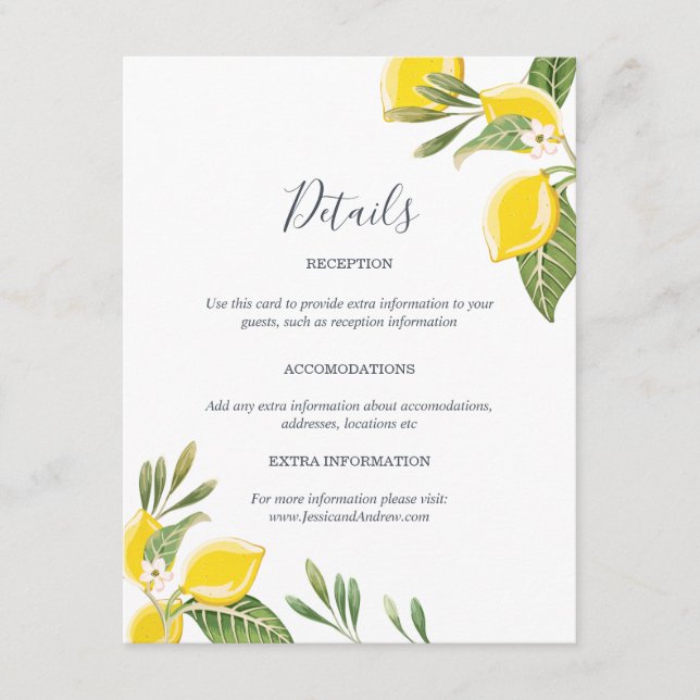 Lemon Wedding Guest Information Card Zitrus einfüg Begleitkarte (Vorderseite)