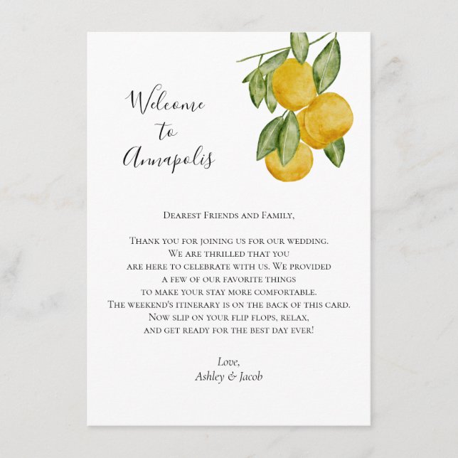Lemon Wedding Willkommensbrief, Hochzeitsreise Begleitkarte (Vorderseite)