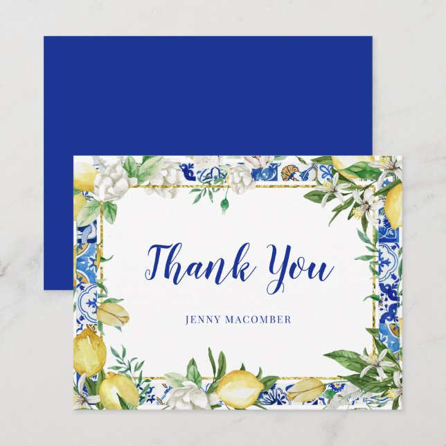 Lemon White Floral Blue Mosaik Tile Dankeskarte (Vorne/Hinten)