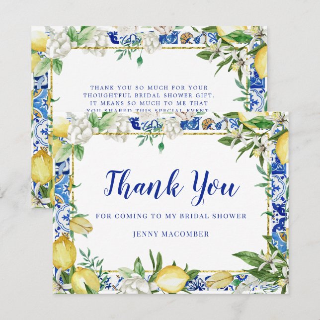 Lemon White Floral Blue Mosaik Tile Dankeskarte (Vorne/Hinten)