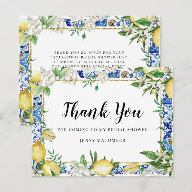 Lemon White Floral Blue Mosaik Tile Dankeskarte (Vorne/Hinten)