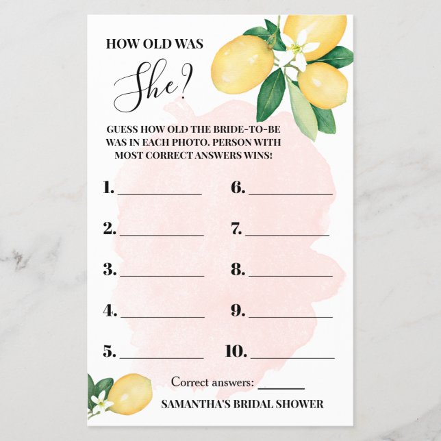 Lemon Wie alt war She Pink Brautparty Game Card Flyer (Vorne)