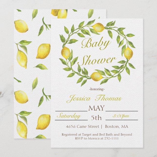 Lemon Wreath Baby Shower Einladung (Vorne/Hinten)