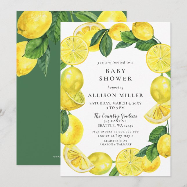 Lemon Wreath Gender Neutral Baby Dusche Einladung (Vorne/Hinten)