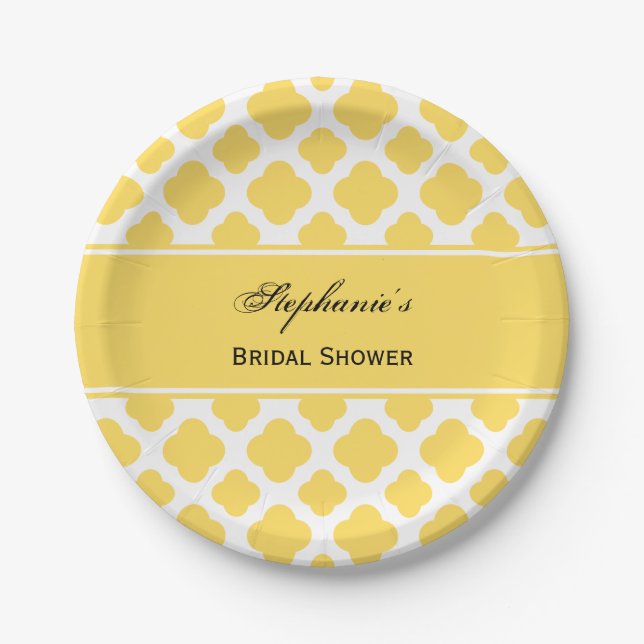 Lemon Yellow and White Quatrefoil Pattern Bridal Pappteller (Vorderseite)