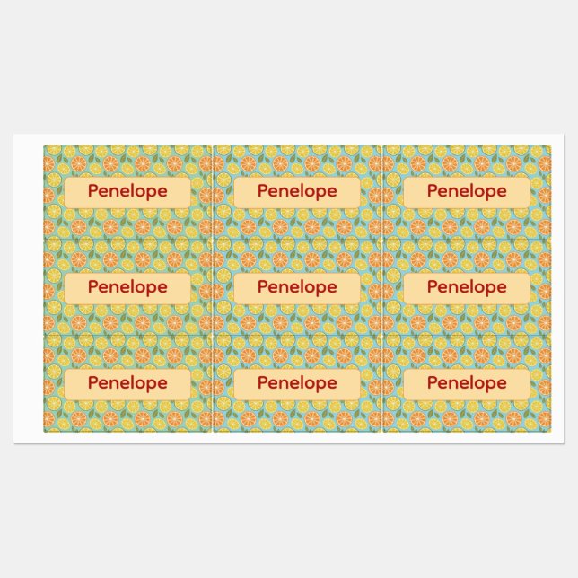 Lemon yellow blue pattern Labels with name Etiketten (Blatt)