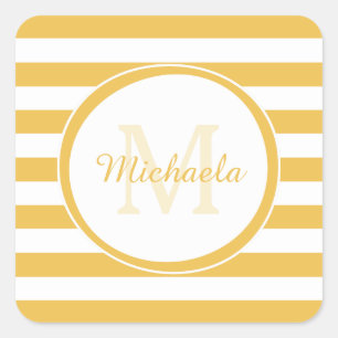 Lemon Yellow Candy Stripes Mädchenname und Monogra Quadratischer Aufkleber
