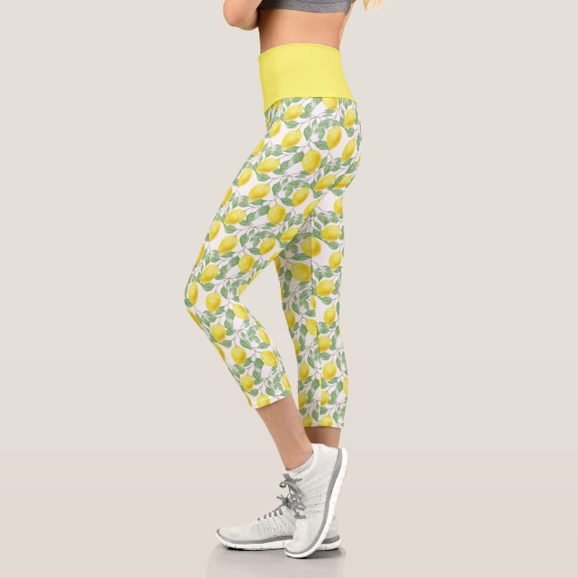 Lemon Yellow Citrus Frucht Botanisches Muster Capri Leggings (Links)