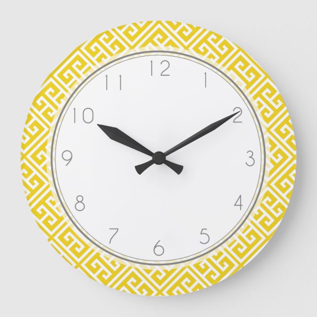 Lemon Yellow Greece Schlüsselmuster Große Wanduhr (Vorderseite)