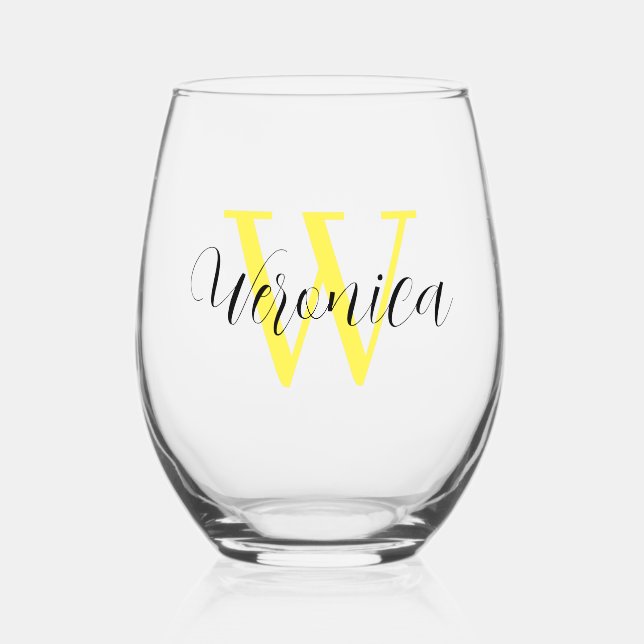 Lemon Yellow Initial und Black Name | elegant Weinglas Ohne Stiel (Vorderseite)