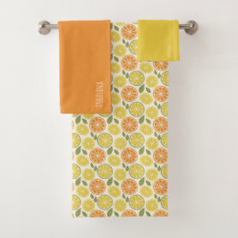 Lemon yellow orange  Pattern white name Badhandtuch Set