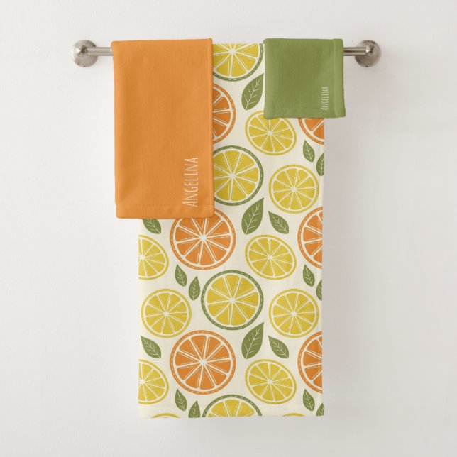 Lemon yellow orange  Pattern white name Badhandtuch Set (Insitu)