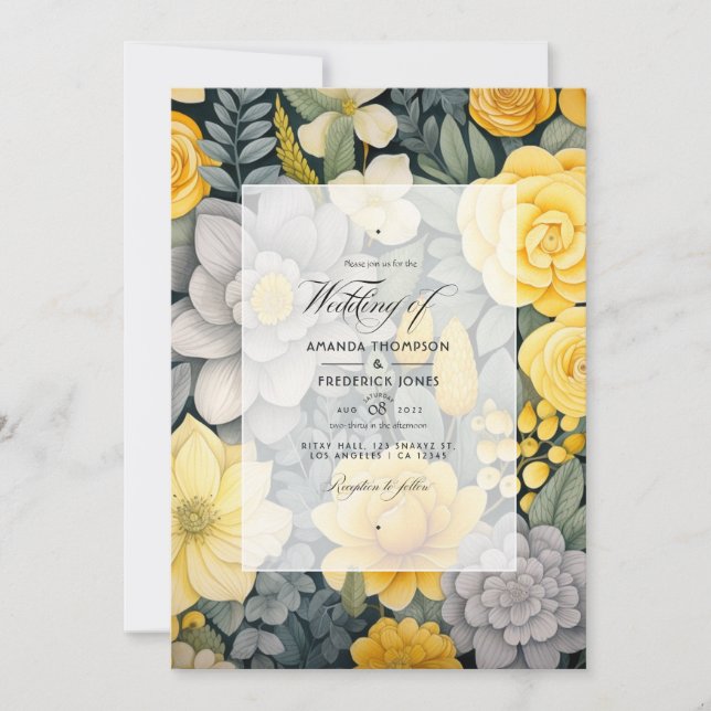 Lemon Yellow, Stormy Gray und Light Gray Wedding Einladung (Vorderseite)