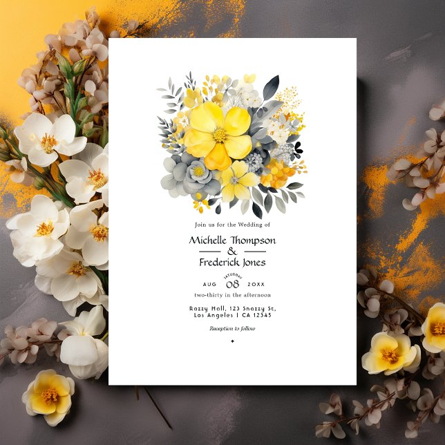 Lemon Yellow, Stormy Gray und Light Gray Wedding Einladung (Von Creator hochgeladen)
