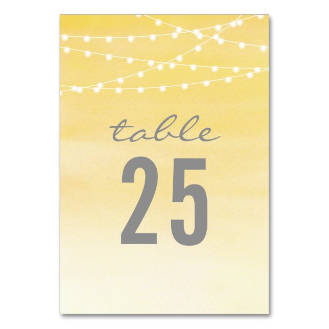Lemon Yellow Wasserfarbe String Lights Tischnummer (Vorderseite)