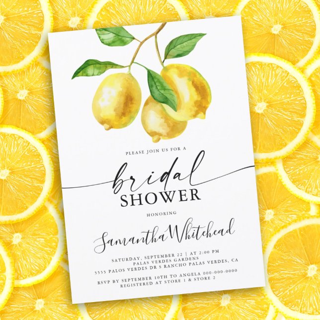Lemon Yellow Watercolor Bridal Dusche Einladung (Lemon citrus watercolor bridal shower invitation. This card is perfect for the summer bride to be.)