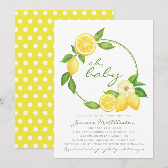 Lemon Yellow Wreath Citrus Punkt Baby Showdusche Einladung (Vorne/Hinten)