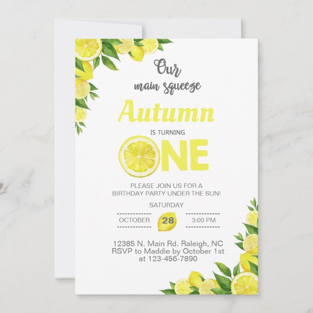 Lemon, Zitronenmädchen Einladung zum ersten Geburt (Vorderseite)