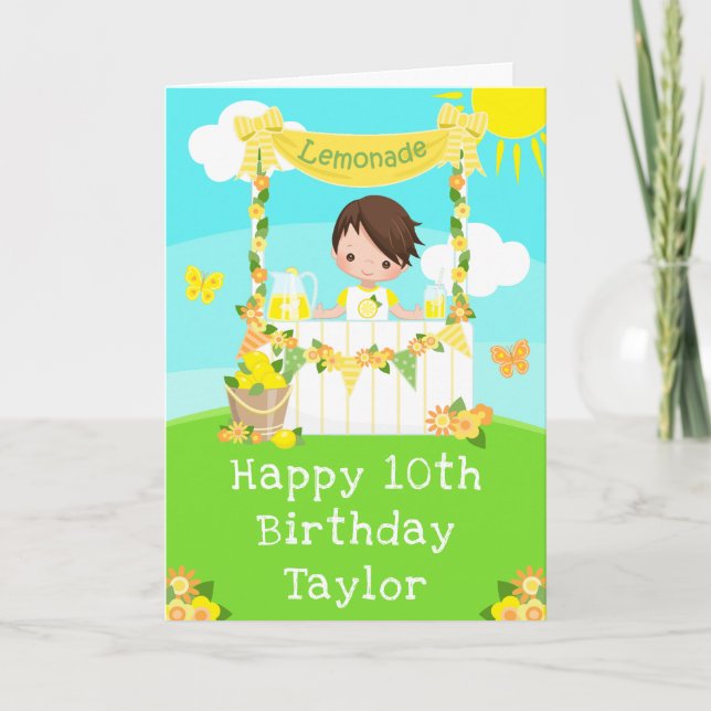 Lemonade Brown Hair Boy Happy Birthday Karte (Vorderseite)