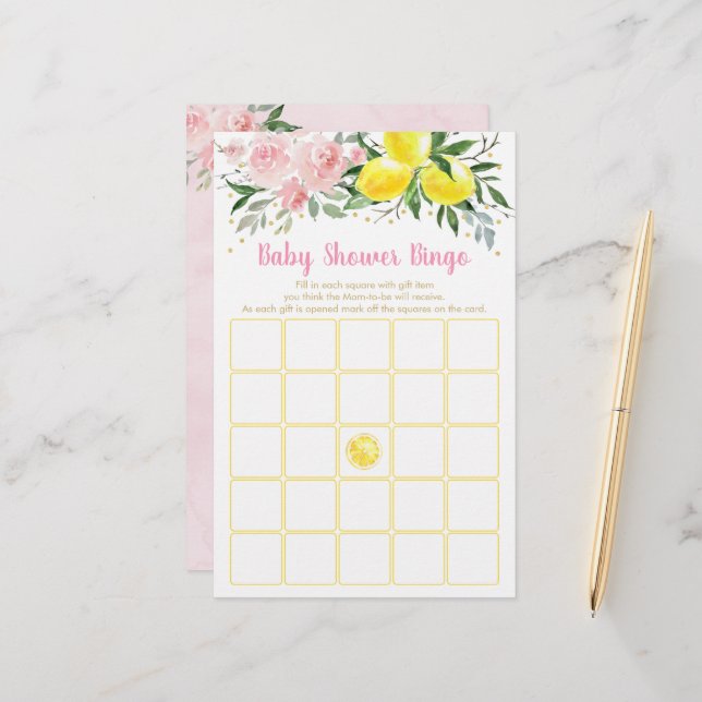 Lemonade Pink Gold Floral Baby Dusche Bingo Spiel (Vorderseite/Rückseite Beispiel)